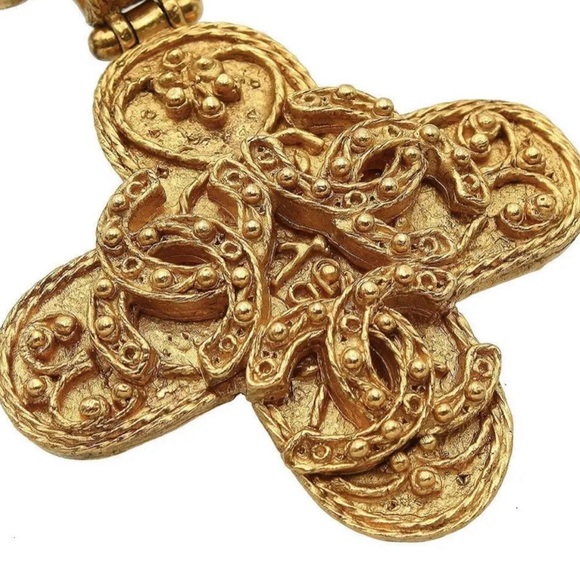 CHANEL Triple Coco Mark Necklace Gold Plated Cross - Picture 2 of 7